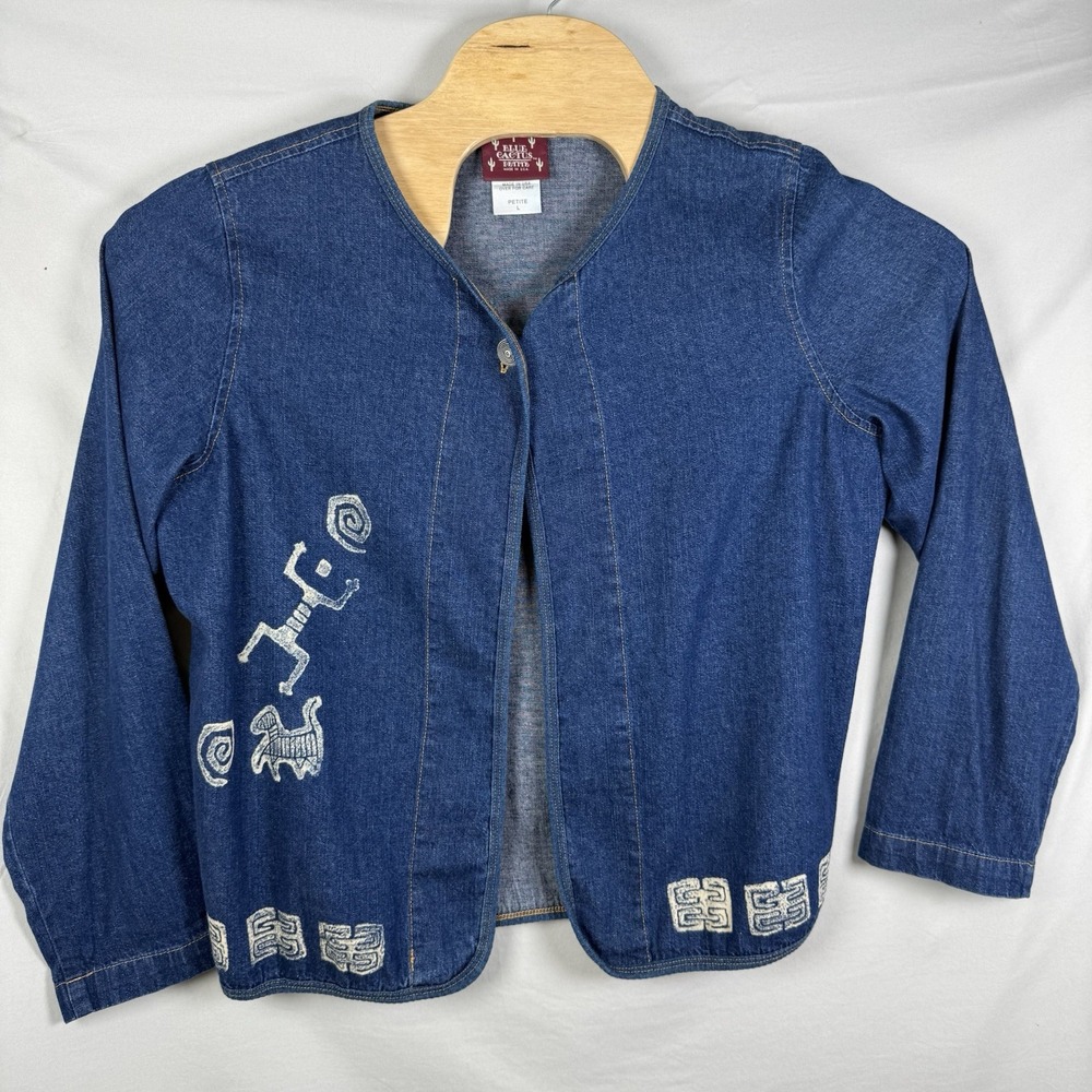Vntge Blue Cactus Petite Denim Stamped Cardigan Blazer Large‎ Made USA Cotton